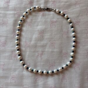Elegant Pearl and Black Bead Necklace